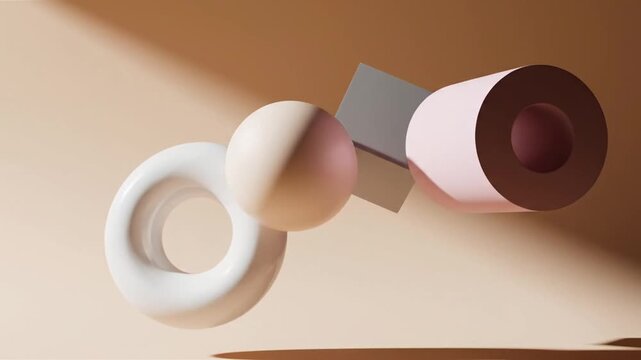 Minimalist 3D rendering featuring floating geometric shapes including a sphere and a cube in neutral beige tones, casting soft directional shadows on a clean monochrome background.
