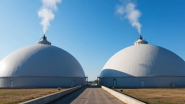 Industrial Storage Domes with Steam Vents at Processing Facility.