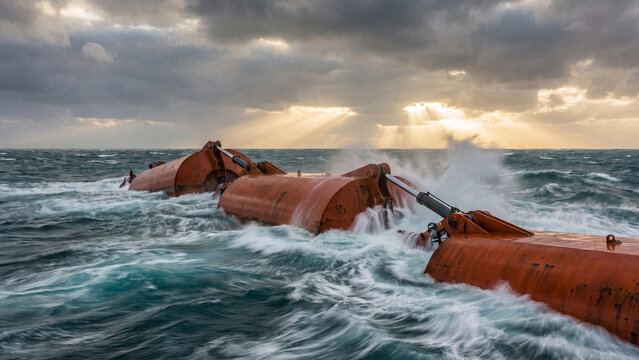 Wave energy converter floats on turbulent ocean waters under a dramatic sky with golden sunbeams breaking through clouds.