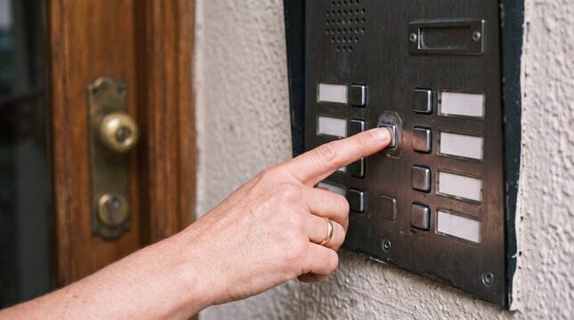Close up of a person's finger pressing a button on a building intercom system next to a wooden door