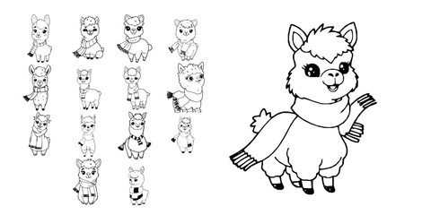 Fototapeta premium Happy Cartoon Alpaca Wearing A Scarf Simple Coloring Book Line Art Thick Bold Outlines Cute Kawaii Coloring Page