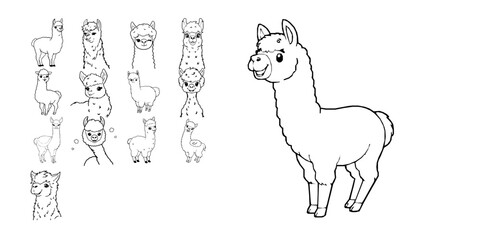 Fototapeta premium Happy Alpaca With Fluffy Wool Simple Black Outline Coloring Page Thick Clean Lines Bold Outlines N Coloring Page