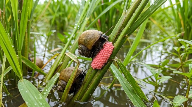 Close up view of apple snail with pink eggs in paddy field