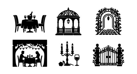 Fototapeta premium Elegant Silhouette Icons: Romantic Dining, Gazebo, Garden Archway, Gate, Candlestick, 6 Vector Elements