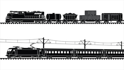 Obraz premium Freight and passenger train silhouettes vector illustration, cargo diesel locomotive with tank car and hopper wagon, modern electric passenger train on railway tracks.