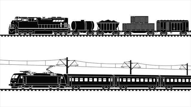 Freight and passenger train silhouettes vector illustration, cargo diesel locomotive with tank car and hopper wagon, modern electric passenger train on railway tracks.