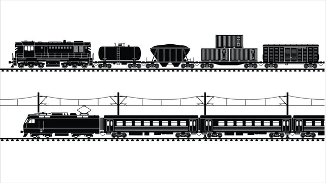 Freight and passenger train silhouettes vector illustration, cargo diesel locomotive with tank car and hopper wagon, modern electric passenger train on railway tracks.