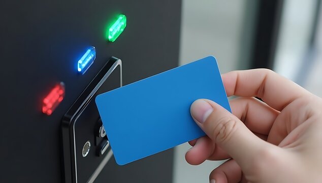 Hand holding blue access card to swipe at electronic reader with lights.