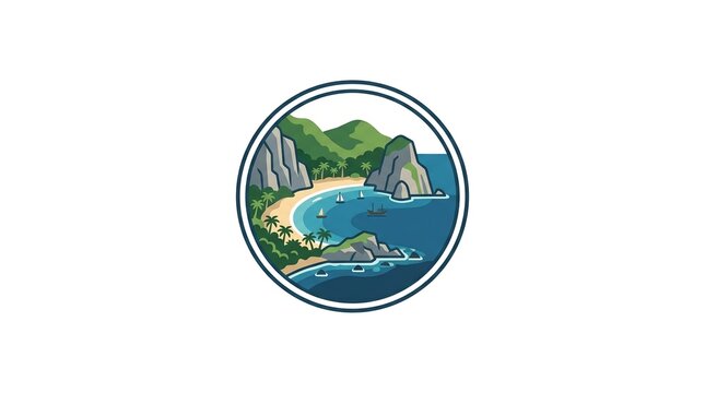 Tropical Beach Paradise Logo: A stylized circular logo depicts a picturesque tropical beach with lush green mountains, palm trees, and calm turquoise water dotted with small boats.