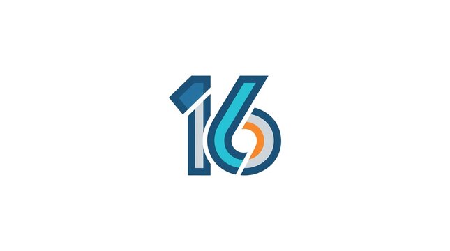 Abstract Number 16 Logo: A modern and clean abstract logo featuring the number 16, rendered in a stylish font with vibrant blue and orange accents, perfect for branding and design projects.