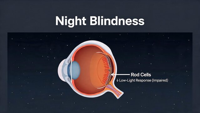 Night Blindness illustration showing impaired rod cells in human eye