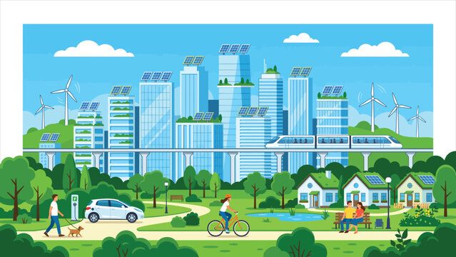 Smart city and sustainable green energy lifestyle vector banner, people relaxing in park, walking dog, and riding bicycle near eco electric car, high-speed monorail train, and solar power skyscrapers