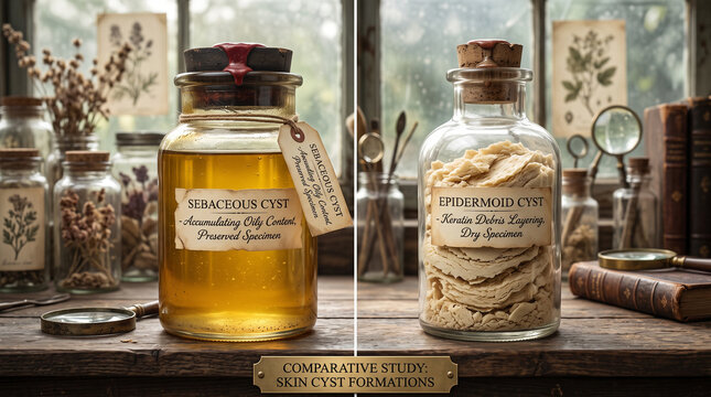 Two glass jars containing medical specimens of a sebaceous cyst and an epidermoid cyst sample