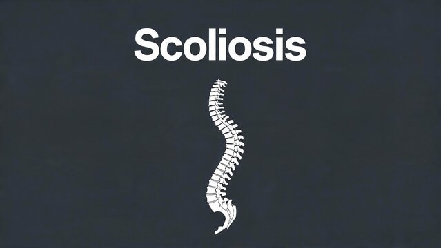 Scoliosis medical illustration with curved spine on dark grey background