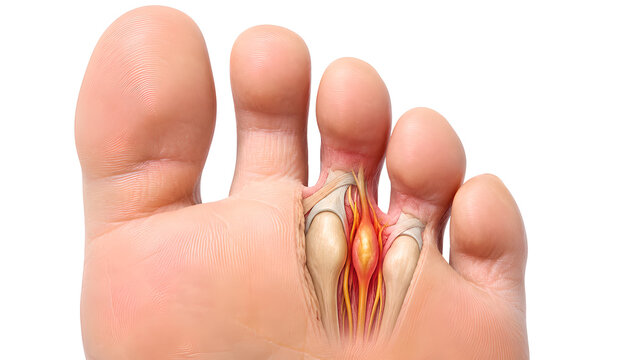 Morton neuroma in the forefoot with interdigital nerve pain between toes, photorealistic medical education image on a white clinical background for patient education and healthcare communication