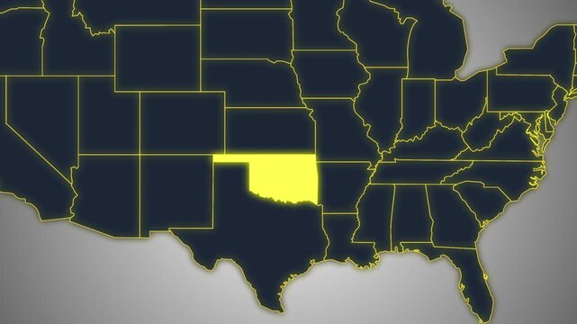 Animated Glowing Oklahoma State Map on a Light Gray Gradient Background. Ideal for geography, business, news, and infographic projects.