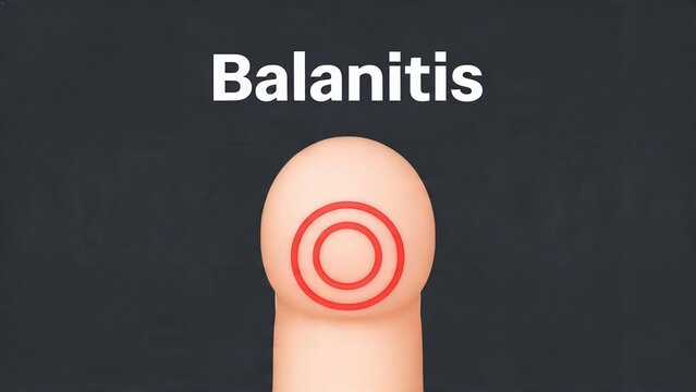 Balanitis medical illustration showing an inflamed penis glans on a dark grey background