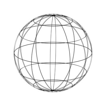3D wireframe sphere with intersecting latitude and longitude lines, abstract geometric illustration for mathematics, physics