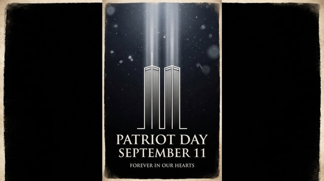 Patriot day september 11 tribute poster with twin towers light beam illustration, september