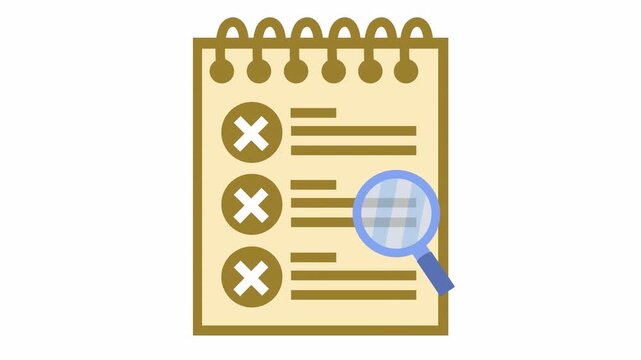 Spiral notebook checklist with cross marks and magnifying glass flat design cartoon animation with failed audit and error inspection concept icon isolated on an alpha channel for rejection symbol.