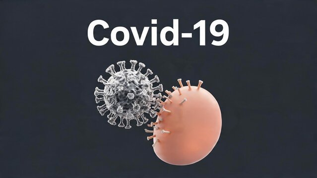 Covid-19 virus particle attacking a human cell with prominent text