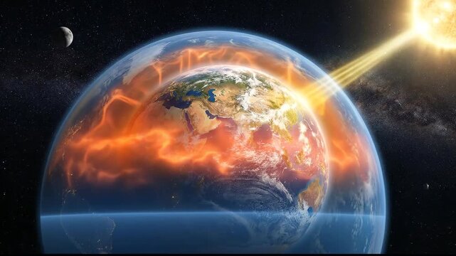 Earth demonstrating atmospheric heating, visualizing global temperature increase from greenhouse gas emission, showing climate alteration, environmental pollution impact, radiation absorption.