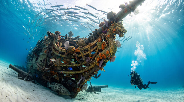Scuba diver explores a sunken wooden pirate ship wreck covered in colorful coral and marine life
