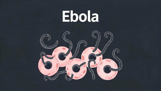 Ebola virus disease concept featuring viral particles and host cells on a dark grey background