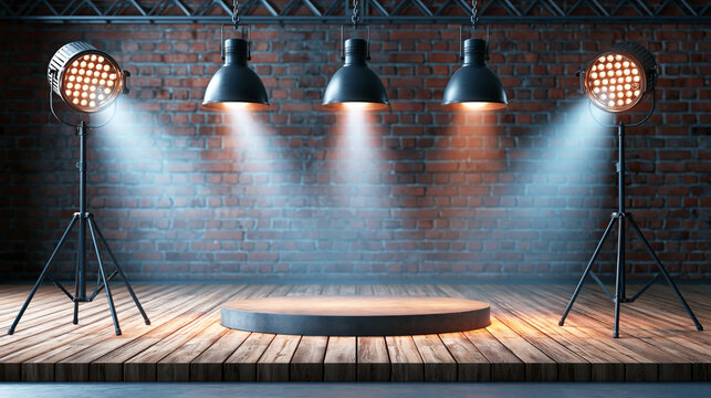Empty stage with round podium pedestal, spotlights and hanging lamps against red brick wall, rustic wooden floor.