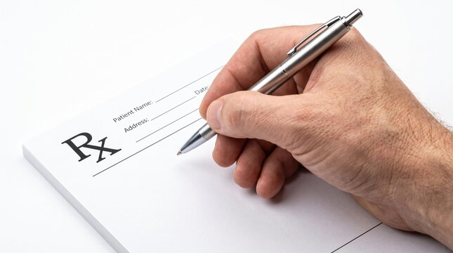 Hand holding pen about to write on medical prescription pad with rx symbol over white background desk.