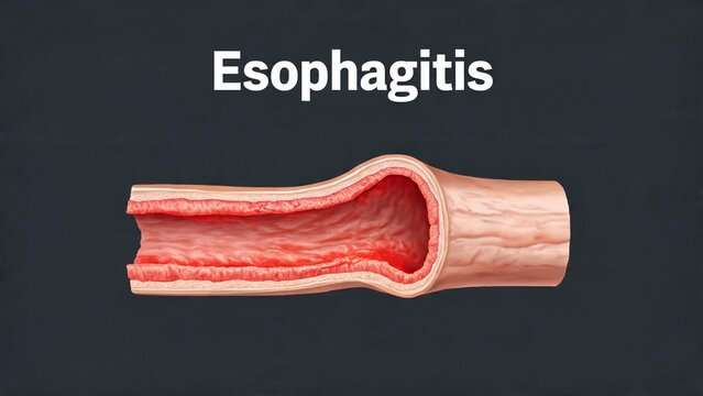 Esophagitis medical illustration showing inflamed esophagus lining