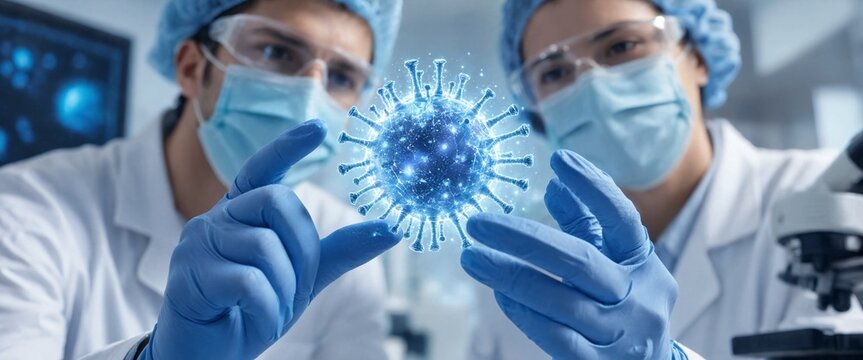 Scientists in protective gear examining holographic virus model in laboratory during research study.