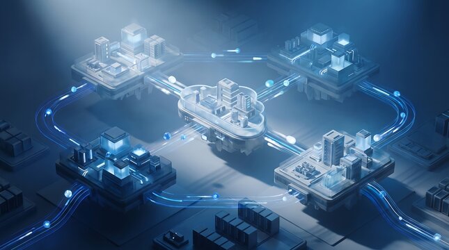 Four interconnected data center buildings with glowing blue light paths and cloud computing symbols in a dark, tech digital environment