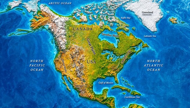 Topographic map of north america showing relief features with canada usa and mexico country borders.