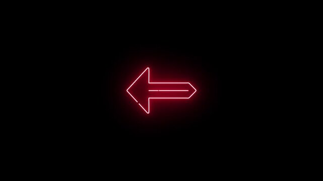 Animation of red neon linear left arrow sign on black background 4k video with 25fps