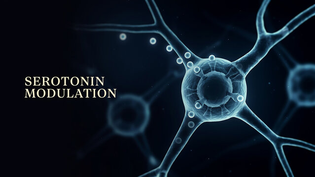 Conceptual representation of serotonin modulation with neurons and neurotransmitters involved in complex biological processes affecting mental health