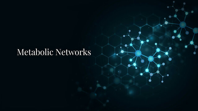 Illustration of metabolic networks with connected molecular structures in light blue against a dark background showcasing complex biological interactions