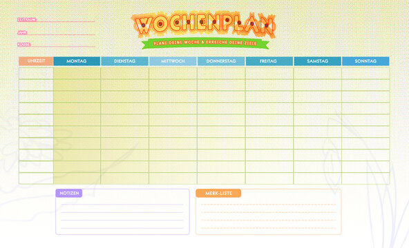 Wochenplan-Vorlage mit Sonnenblumenmotiv und Notizbereich. Stundentafel Arbeitseinteilung in Blumen Muster