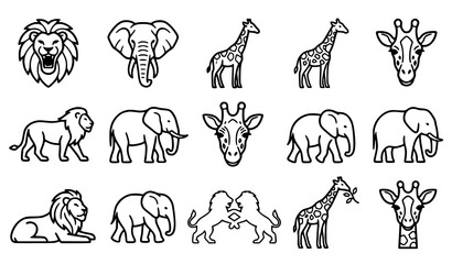 Wild Animal Outline Collection Featuring Lion Elephant Giraffe and Safari Wildlife Vector Illustrations © Keyapayal