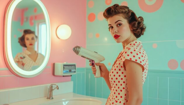 Retro Pin-up Woman in Polka Dot Dress Holding a Futuristic Ray Gun in a Pastel Bathroom with Copy Space