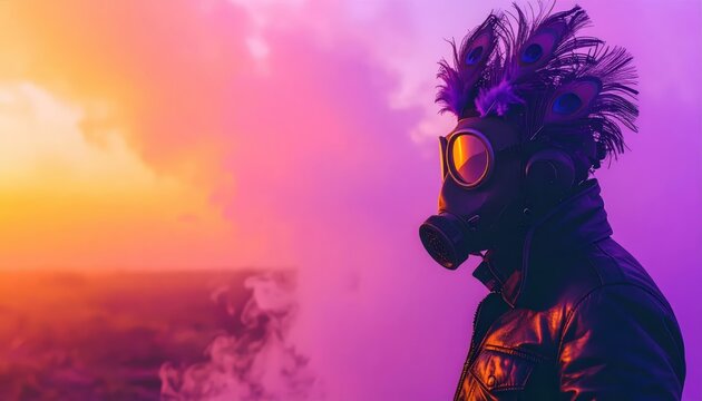 Futuristic Cyberpunk Character in Gas Mask and Feathered Headpiece Against a Vibrant Hazy Purple Sunset with Large Copy Space