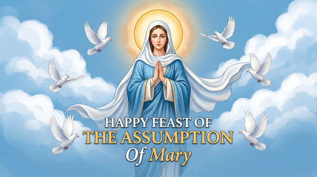 Religious illustration of mary with doves on cloud background
