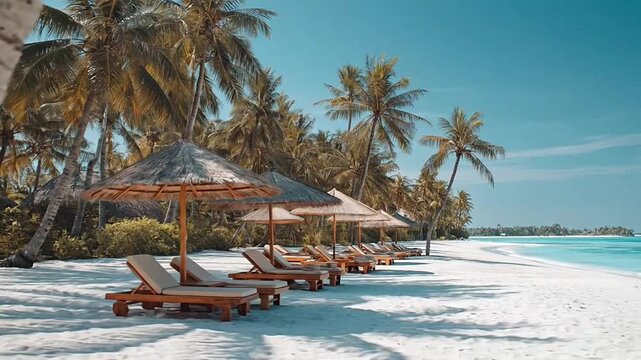 Sunny tropical resort with straw umbrellas and palm trees.
