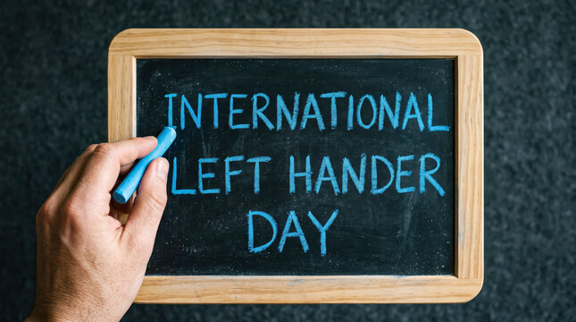 Hand writing international left handers day on a chalkboard