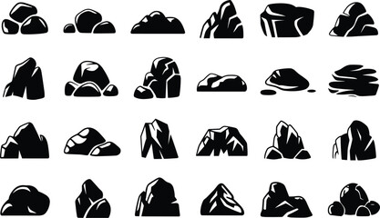 Collection of black and white rock, stone, and mountain silhouettes, nature geology illustration set © Mofajjol