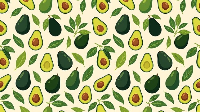 Healthy avocado pattern with whole fruit halves and green leaves