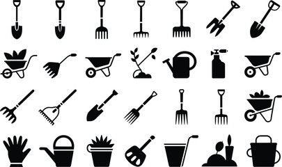 Gardening tools set black silhouettes on white background, various items for planting © Mofajjol