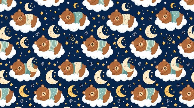 Cute sleeping bear pattern with clouds moon and stars in night sky