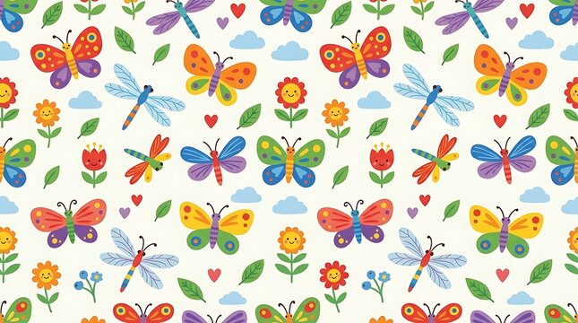 Colorful butterflies and dragonflies in a seamless pattern