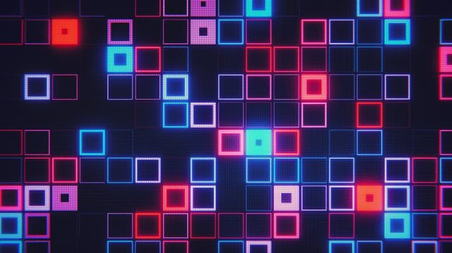 Led screen background with glowing squares in neon colors in retro gaming tech style. digital art. Seamless loop.